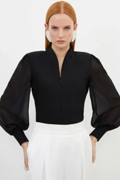 Haut en Maille Bandage Ajusté avec Détail Zip et Manches en Mousseline