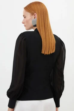 Haut en Maille Bandage Ajusté avec Détail Zip et Manches en Mousseline