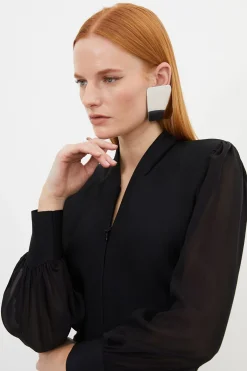 Haut en Maille Bandage Ajusté avec Détail Zip et Manches en Mousseline