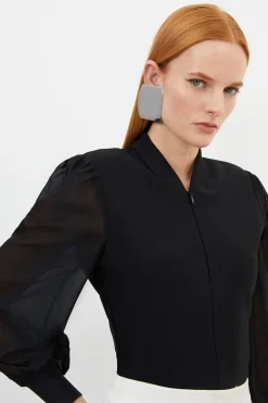 Haut en Maille Bandage Ajusté avec Détail Zip et Manches en Mousseline