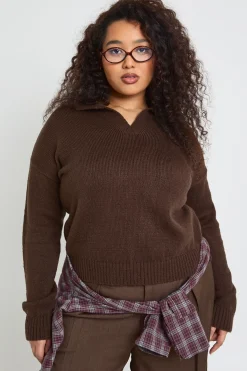 boohoo Haut en Maille Grande Taille à Col V et Col Montant<Femme Looks Chocolat|Pulls Et Gilets