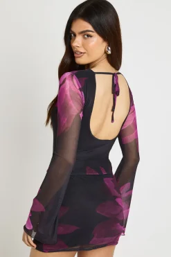 boohoo Haut en Maille Imprimé Floral à Manches Évasées et Dos Échancré<Femme Tops