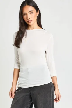 Haut En Maille Transparente Froncé À Manches 3/4