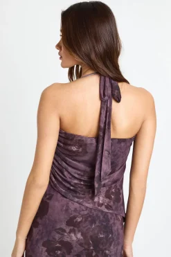 Haut en mesh imprimé à col drapé avec détail foulard
