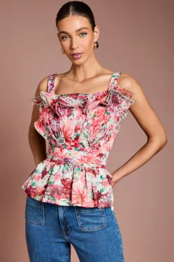 Haut En Organza À Détail Volant Éventail Et Motif Floral