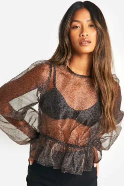 Haut en organza à imprimé micro léopard avec nouer dans le dos et manches longues bouffantes