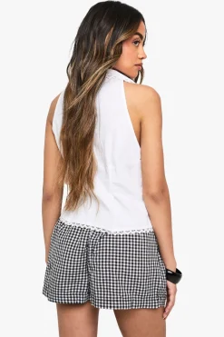 boohoo Haut en popeline de coton avec col et détails en dentelle<Femme Satin Et Dentelle|Tops