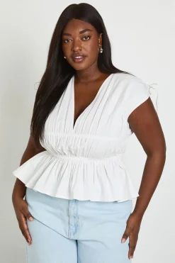 Haut En Popeline Grande Taille À Encolure En V Profond Et Fronces