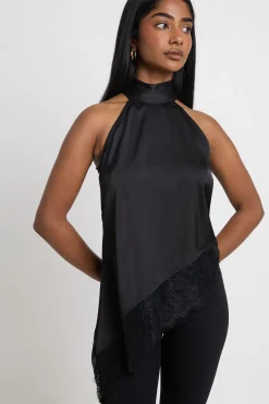 boohoo Haut En Satin À Col Montant Avec Finition En Dentelle<Femme Satin Et Dentelle|Tops