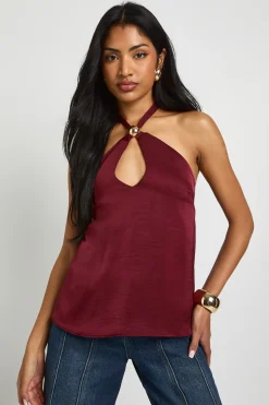 boohoo Haut en satin martelé à col halterneck avec détails de garniture<Femme Satin Et Dentelle|Tops