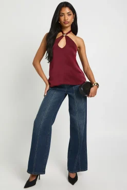 boohoo Haut en satin martelé à col halterneck avec détails de garniture<Femme Satin Et Dentelle|Tops