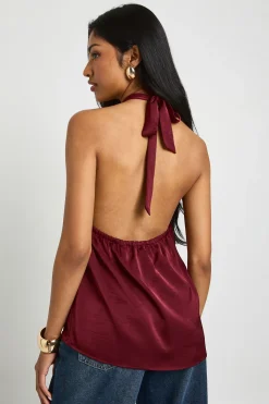 boohoo Haut en satin martelé à col halterneck avec détails de garniture<Femme Satin Et Dentelle|Tops