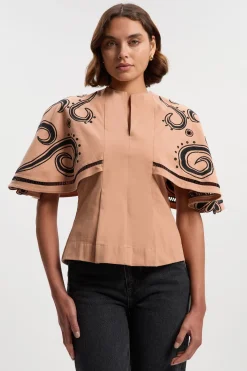 Haut en Sergé Tissé à Manches Cape avec Broderie Baroque