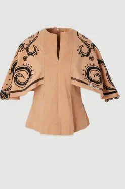 Haut en Sergé Tissé à Manches Cape avec Broderie Baroque
