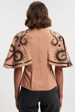 Haut en Sergé Tissé à Manches Cape avec Broderie Baroque