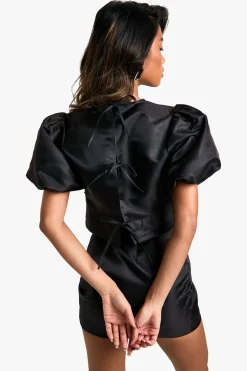 Haut En Taffetas À Manches Bouffantes Et Dos Noué