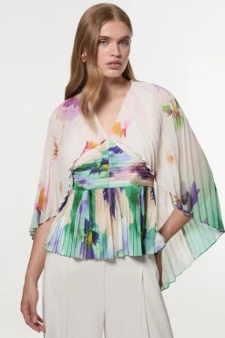 Haut en tissage à manches cape plissées et motif floral avec décolleté plongeant