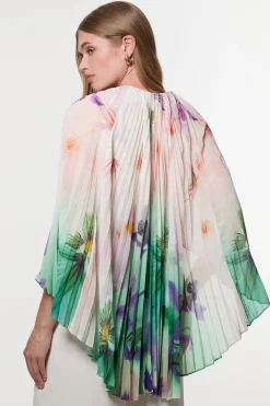 Haut en tissage à manches cape plissées et motif floral avec décolleté plongeant