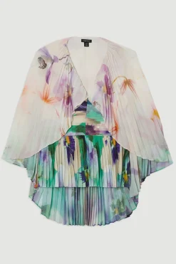 Haut en tissage à manches cape plissées et motif floral avec décolleté plongeant