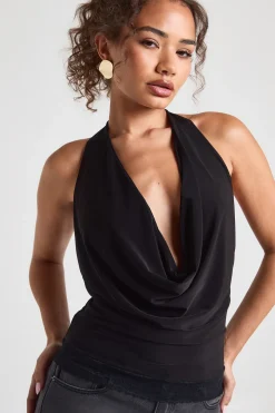Haut en tissu fluide à double couche, à encolure drapée et garniture en dentelle