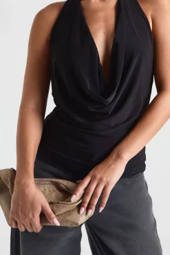 Haut en tissu fluide à double couche, à encolure drapée et garniture en dentelle