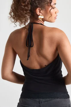 Haut en tissu fluide à double couche, à encolure drapée et garniture en dentelle