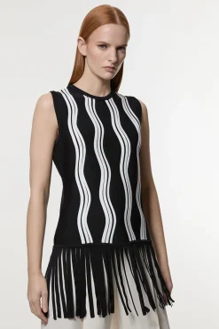 Haut en tricot à motif de vague contrastant avec franges