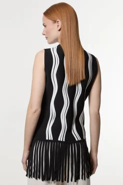 Haut en tricot à motif de vague contrastant avec franges
