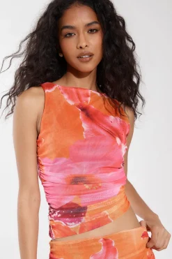boohoo Haut Froncé En Mesh Fleuri<Femme Tops