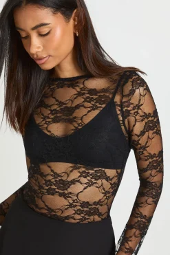 boohoo Haut Grand En Dentelle Col Bateau À Manches Évasées<Femme Satin Et Dentelle|Tops