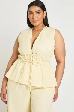 Haut Grande Taille Aspect Lin Taille Froncée Avec Détail Nœud Devant