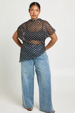 boohoo Haut Grande Taille Asymétrique En Mesh À Pois Avec Col Montant Et Fronces Latérales<Femme Pois|Tops