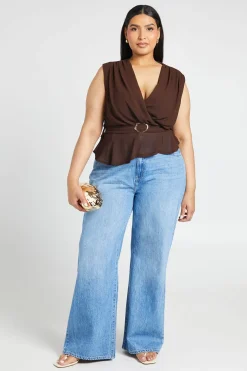 Haut Grande Taille À Basque Décolleté Plongeant Ceinture Nouée