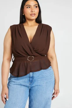 Haut Grande Taille À Basque Décolleté Plongeant Ceinture Nouée
