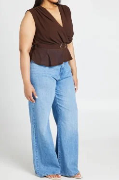 Haut Grande Taille À Basque Décolleté Plongeant Ceinture Nouée