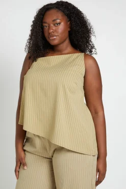 Haut Grande Taille À Bretelles Asymétrique Pêche À Rayures Fines