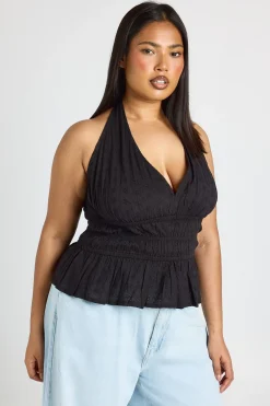 boohoo Haut Grande Taille Broderie Anglaise Col Licou Froncé<Femme Tops