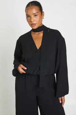boohoo Haut Grande Taille Cache-cœur À Manches Ballon Et Détail Foulard<Femme Tops
