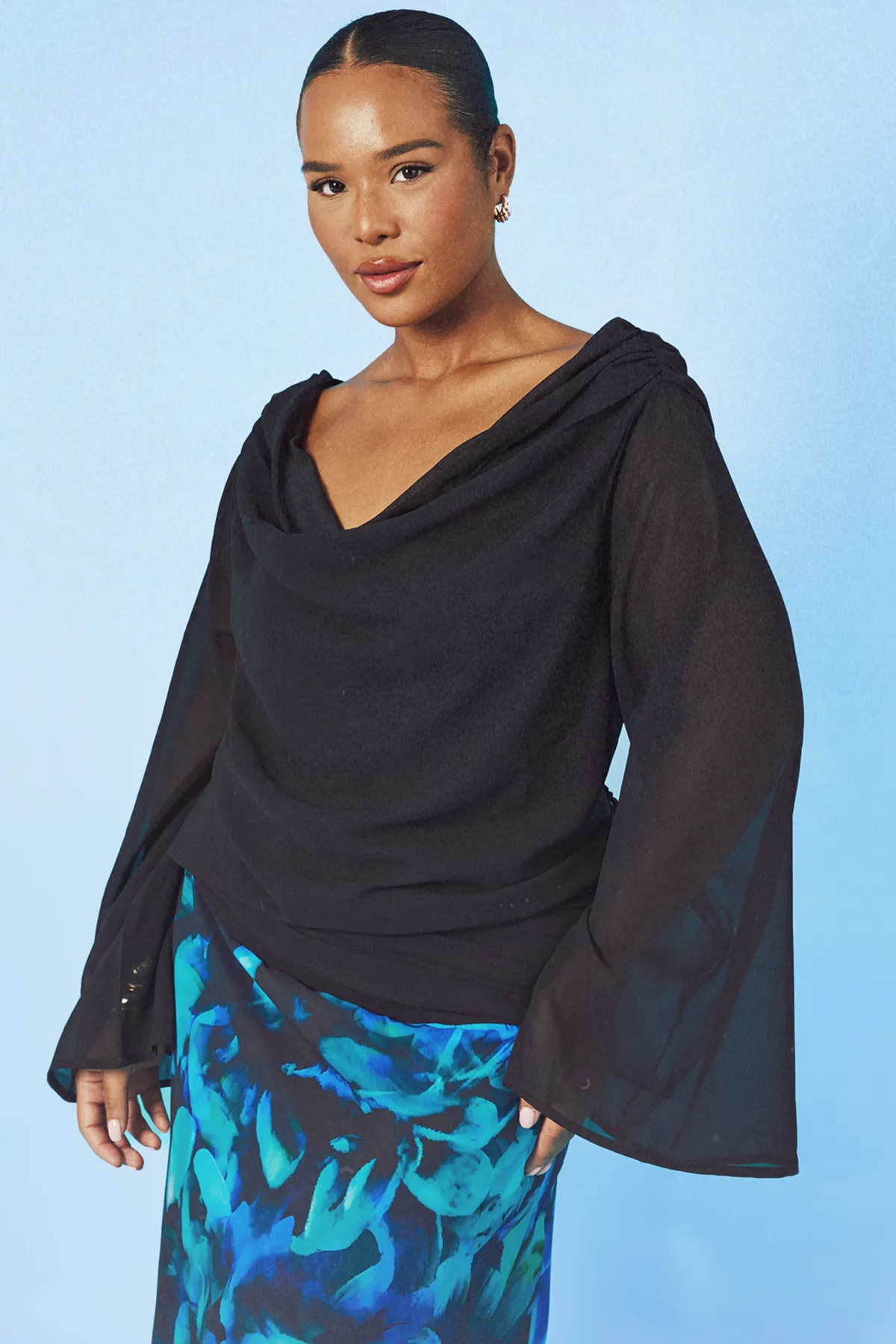 boohoo Haut Grande Taille Col Bénitier En Mousseline À Manches Longues<Femme Tops