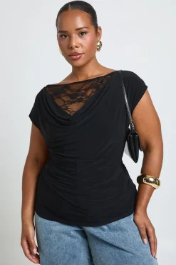 boohoo Haut Grande Taille À Col Bénitier Avec Insert En Dentelle<Femme Satin Et Dentelle|Tops