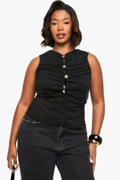 boohoo Haut grande taille à col en V et bouton doré<Femme Tops