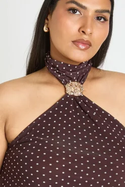 boohoo Haut Grande Taille Col Licou À Pois Avec Détail Ornement<Femme Looks Chocolat|Pois