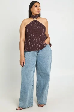 boohoo Haut Grande Taille Col Licou À Pois Avec Détail Ornement<Femme Looks Chocolat|Pois