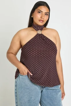 boohoo Haut Grande Taille Col Licou À Pois Avec Détail Ornement<Femme Looks Chocolat|Pois