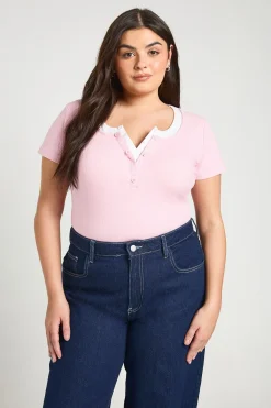 boohoo Haut Grande Taille Côtelé À Col Henley Contrasté Et Manches Courtes Avec Boutons<Femme Tops