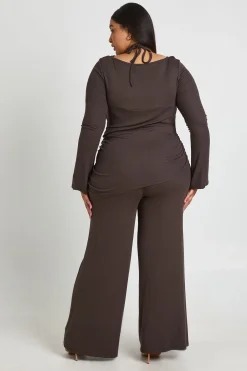 boohoo Haut Grande Taille Côtelé À Double Épaisseur Manches Longues Asymétrique<Femme Looks Chocolat|Tops