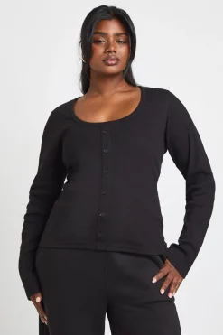 boohoo Haut Grande Taille Côtelé À Encolure Arrondie Et Boutonnage Sur Le Devant À Manches Longues<Femme Tops