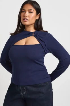 Haut Grande Taille Côtelé à Manches Longues avec Détails Dorés et Découpes