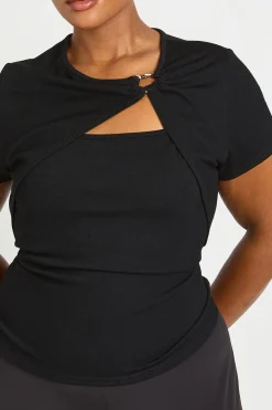 boohoo Haut Grande Taille Côtelé À Manches Courtes Avec Découpe Et Détail Doré<Femme Tops