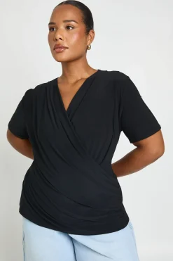 boohoo Haut Grande Taille À Double Couche En Slinky Avec Col Bénitier Super Profond, Manches Courtes Et Fronces<Femme Tops